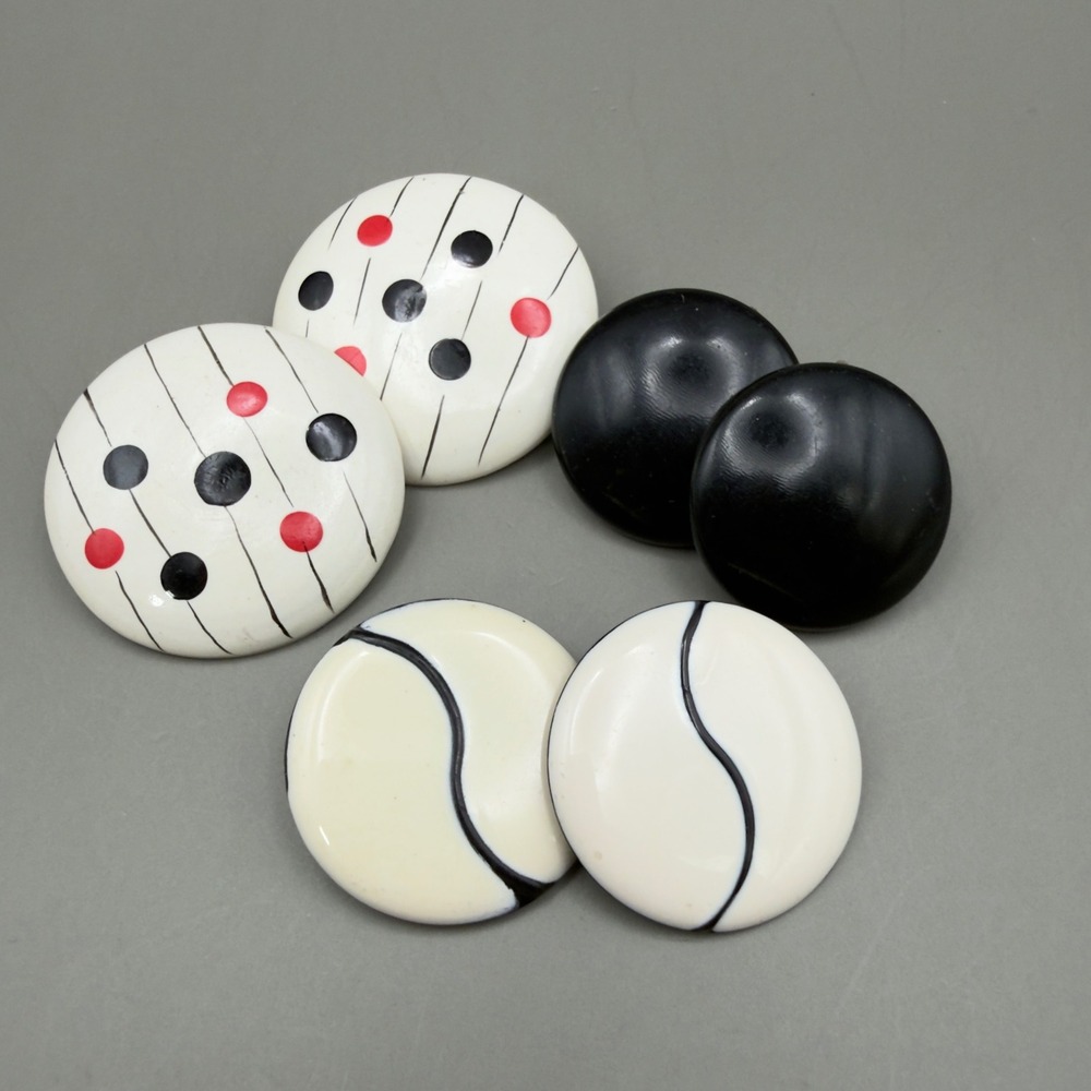 Vintage 80s Clip On Earring Lot 3 Pairs Mod Polka Dot Stripe Black White Cream